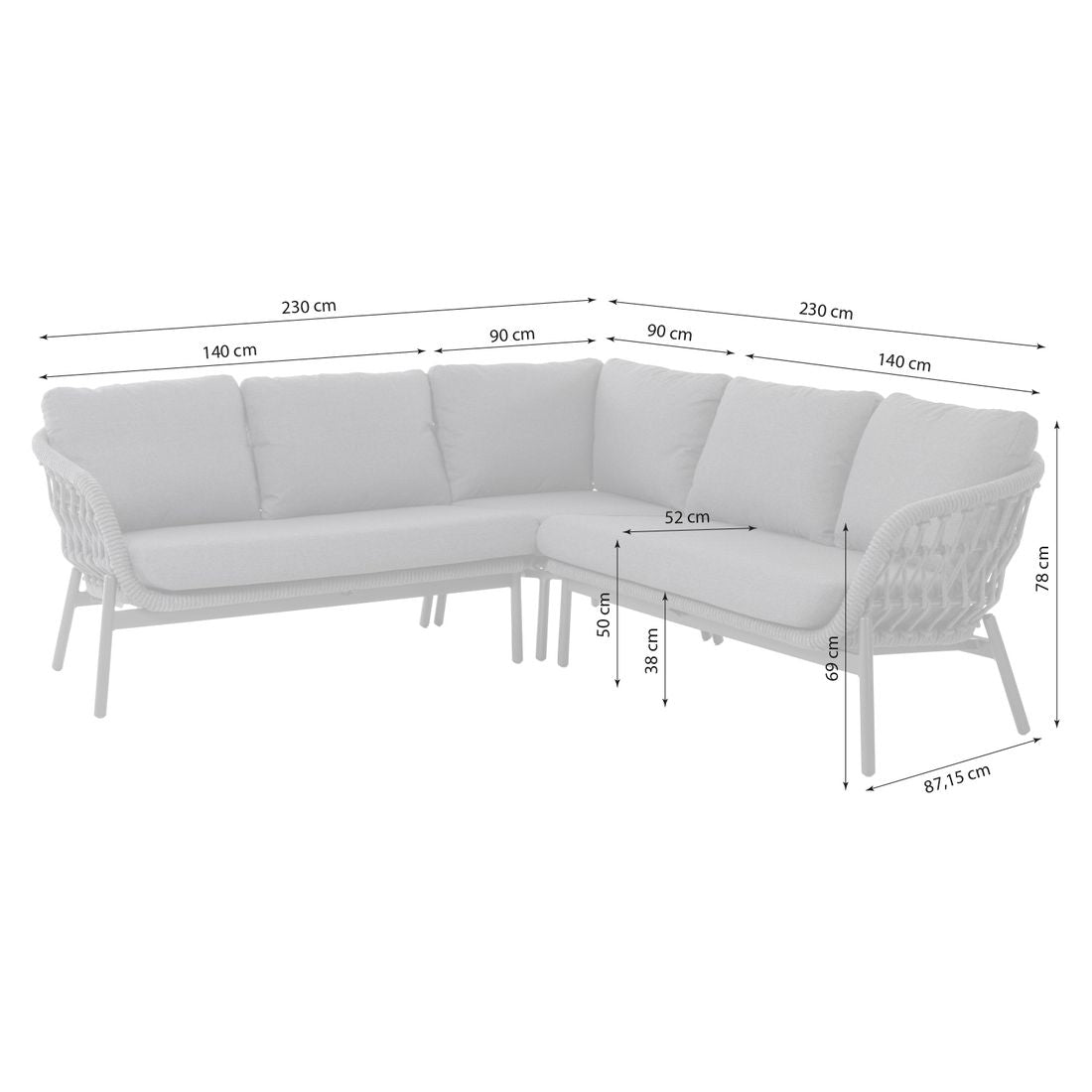 Detalj av flettet Rope materiale på Hjørnesofa ute Bari aluminium/tau/olefin