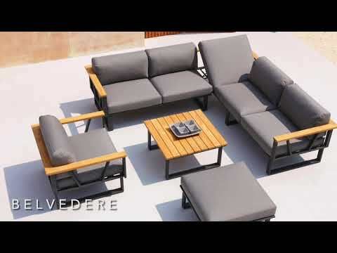 Hjørnesofa ute Belvedere med loungebord rustfritt stål 395x165 cm front