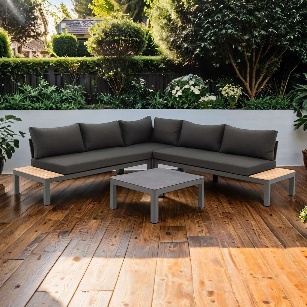 Hjørnesofa ute Ben med loungebord 270x270 cm aluminium - OUTLIV forfra