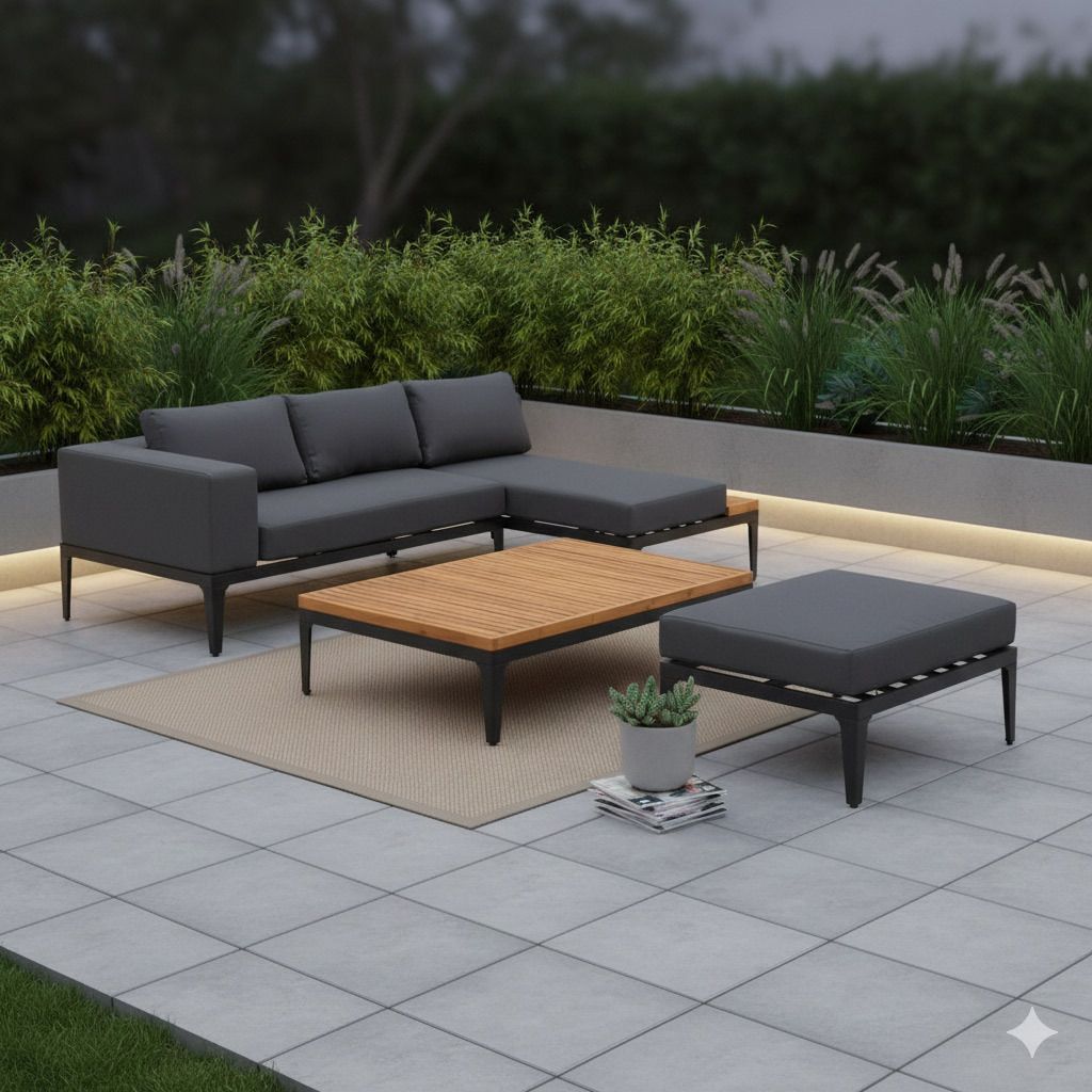 Hjørnesofa ute Bern med loungebord aluminium forfra
