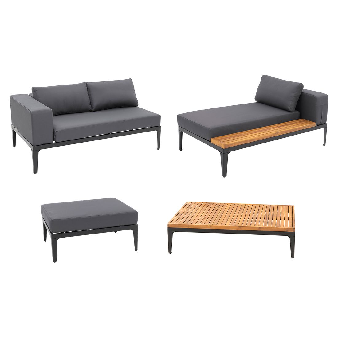 Detalj av akasietre på Hjørnesofa ute Bern med loungebord aluminium