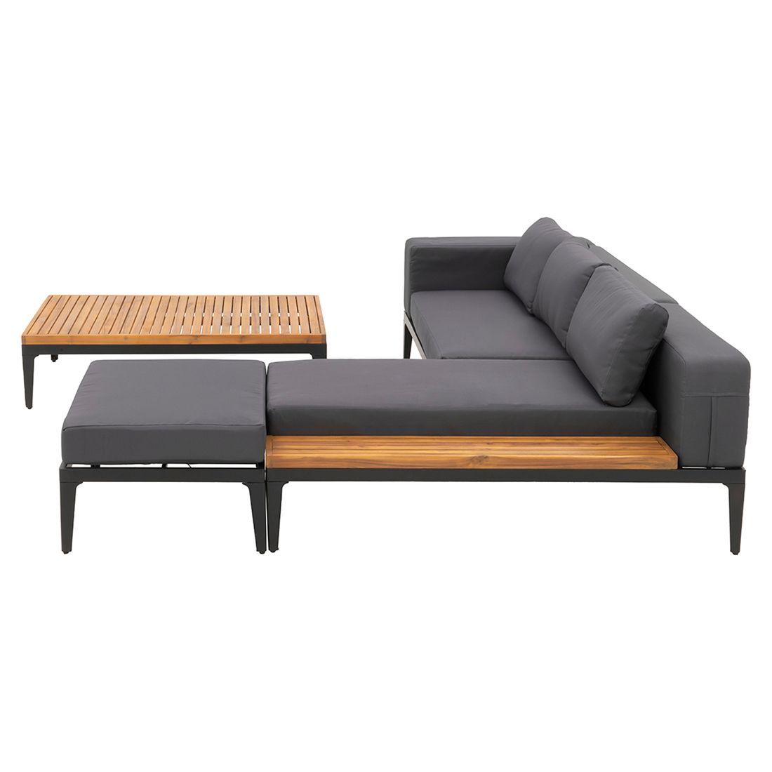 Nærbilde av Olefin-stoff på Hjørnesofa ute Bern med loungebord aluminium