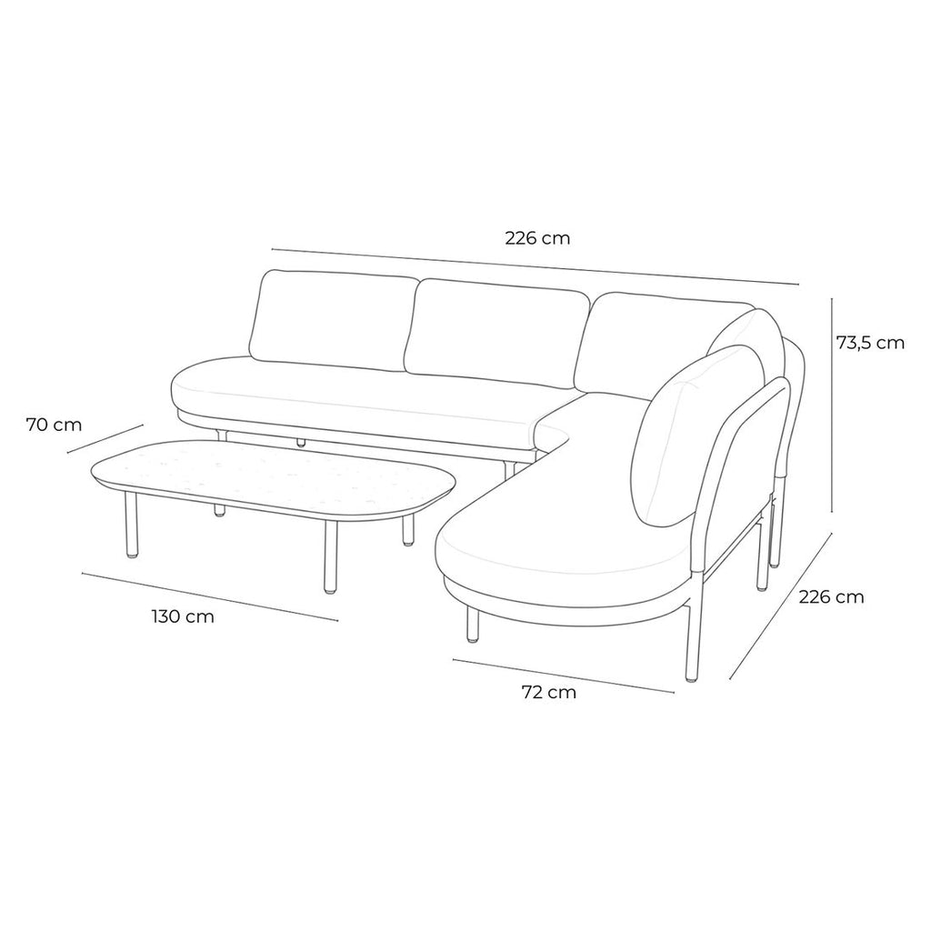 Detalj av rope-flettverk på Hjørnesofa ute Bilboa med loungebord aluminium tau