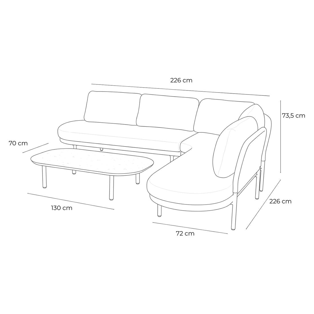 Detalj av rope-flettverk på Hjørnesofa ute Bilboa med loungebord aluminium tau