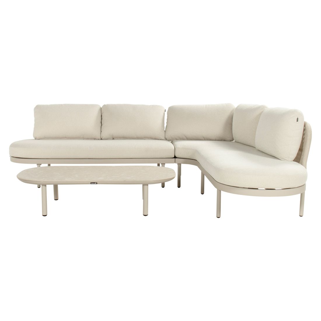Montert Hjørnesofa ute Bilboa med loungebord aluminium tau på terrasse