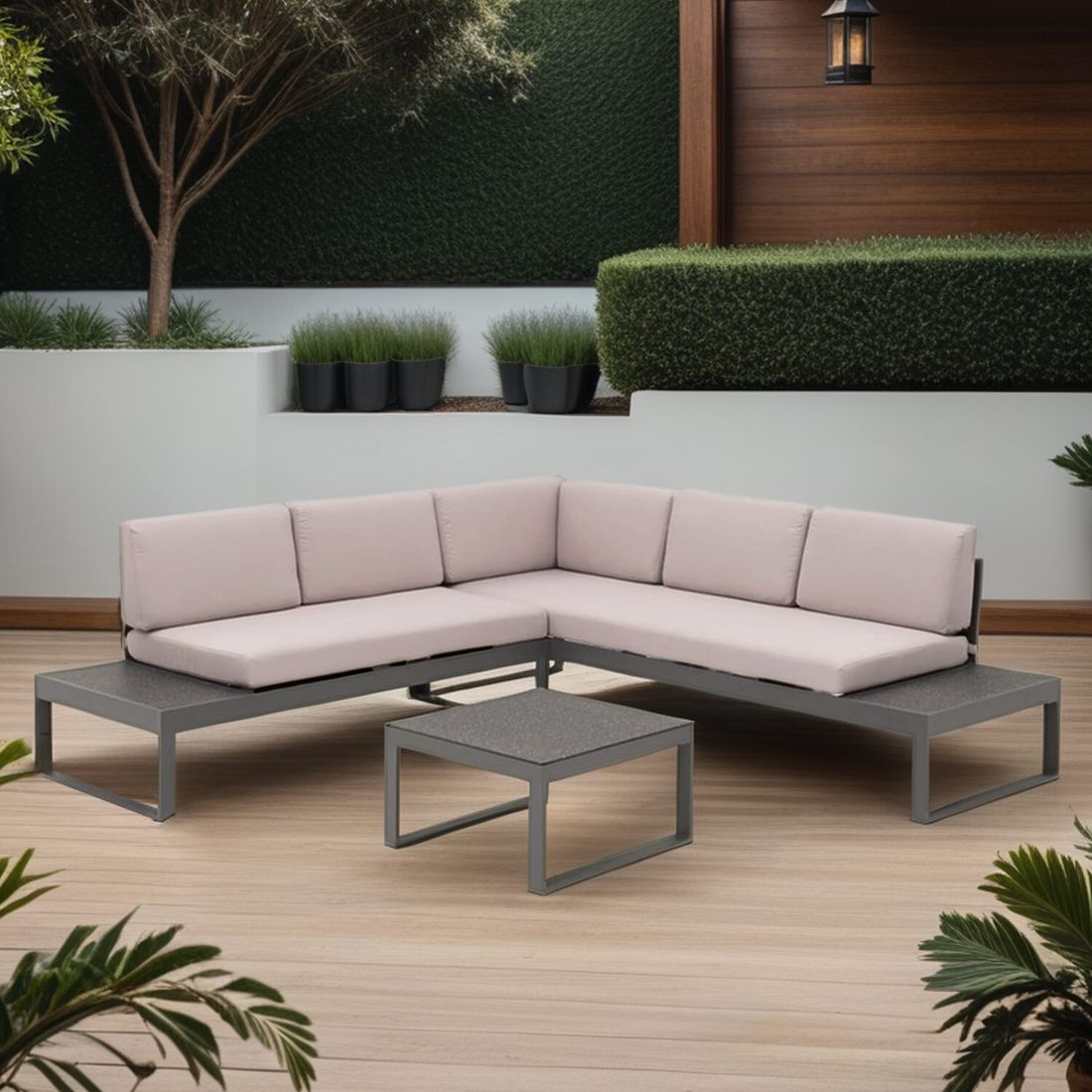 Hjørnesofa ute Brescia med loungebord aluminium forfra
