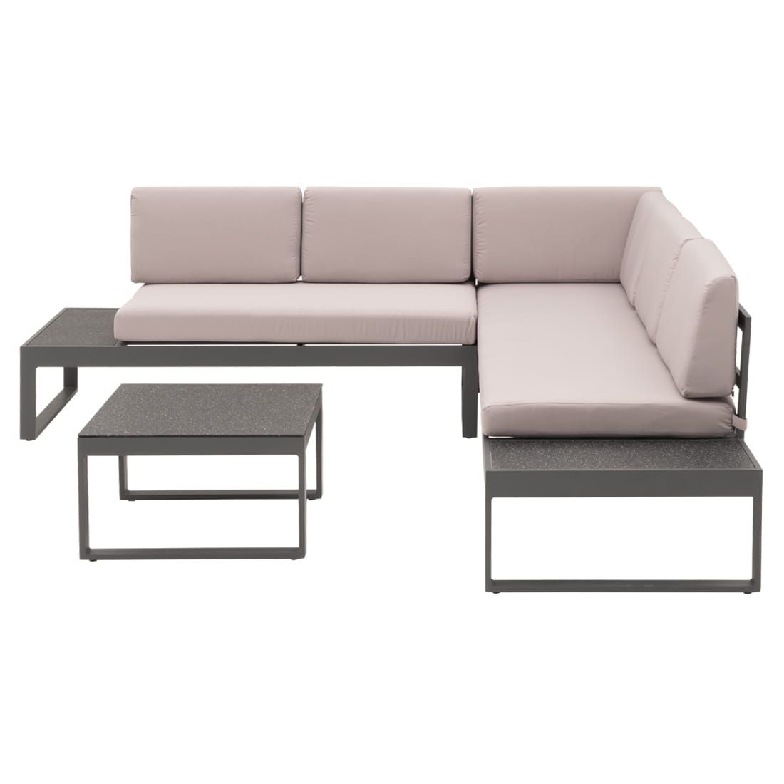 Nærbilde av puter på Hjørnesofa ute Brescia med loungebord aluminium