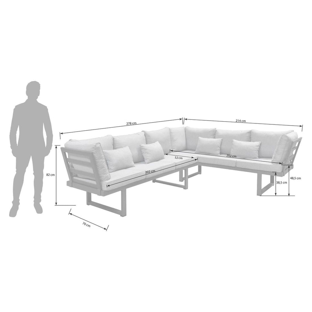 Detalj av hjørnesofa ute Broome aluminium antrasitt tekstil