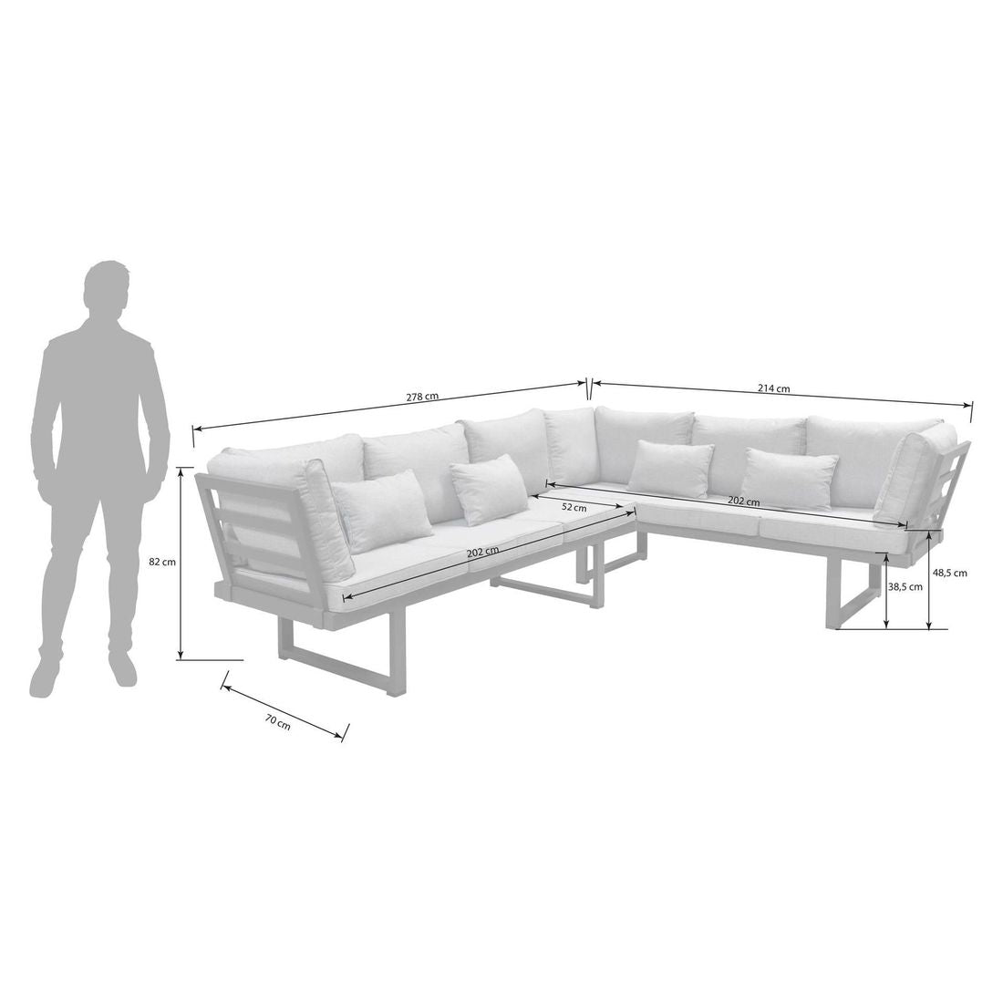 Detalj av hjørnesofa ute Broome aluminium antrasitt tekstil