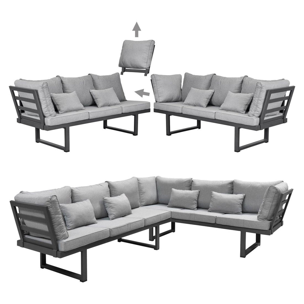 Montert hjørnesofa ute Broome aluminium antrasitt på terrasse