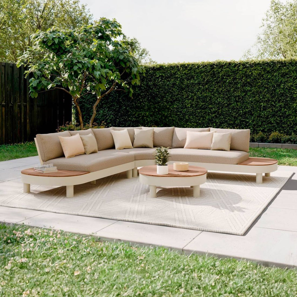 Hjørnesofa ute California med loungebord aluminium/teak sett forfra