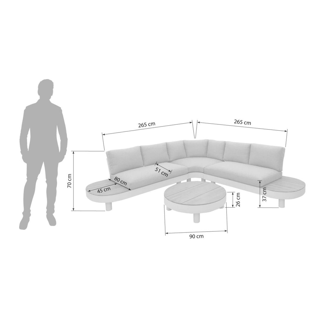 Detalj av teak bordplate på Hjørnesofa ute California med loungebord aluminium/teak