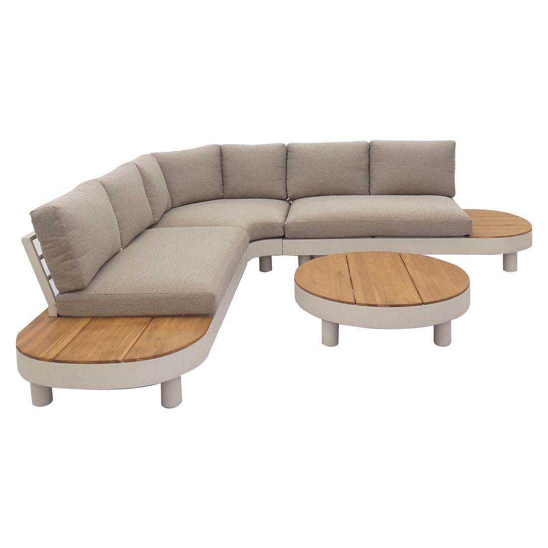 Nærbilde av Olefin stoff på Hjørnesofa ute California med loungebord aluminium/teak