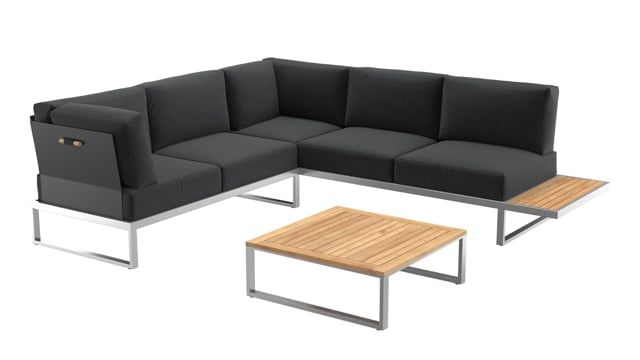 Hjørnesofa ute Capri med loungebord rustfritt stål/teak - OUTLIV forfra