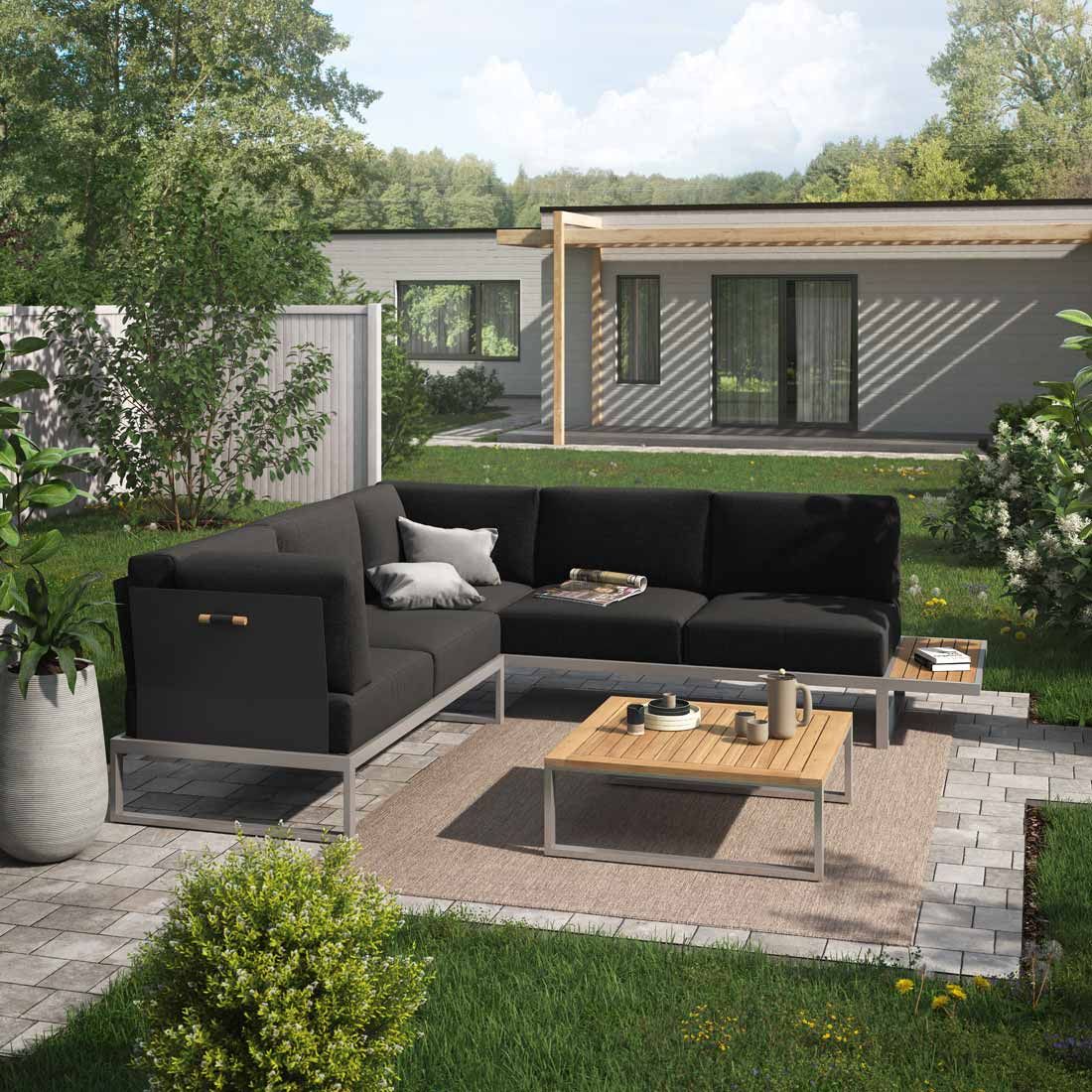 Hjørnesofa ute Capri med loungebord rustfritt stål/teak - OUTLIV bakside