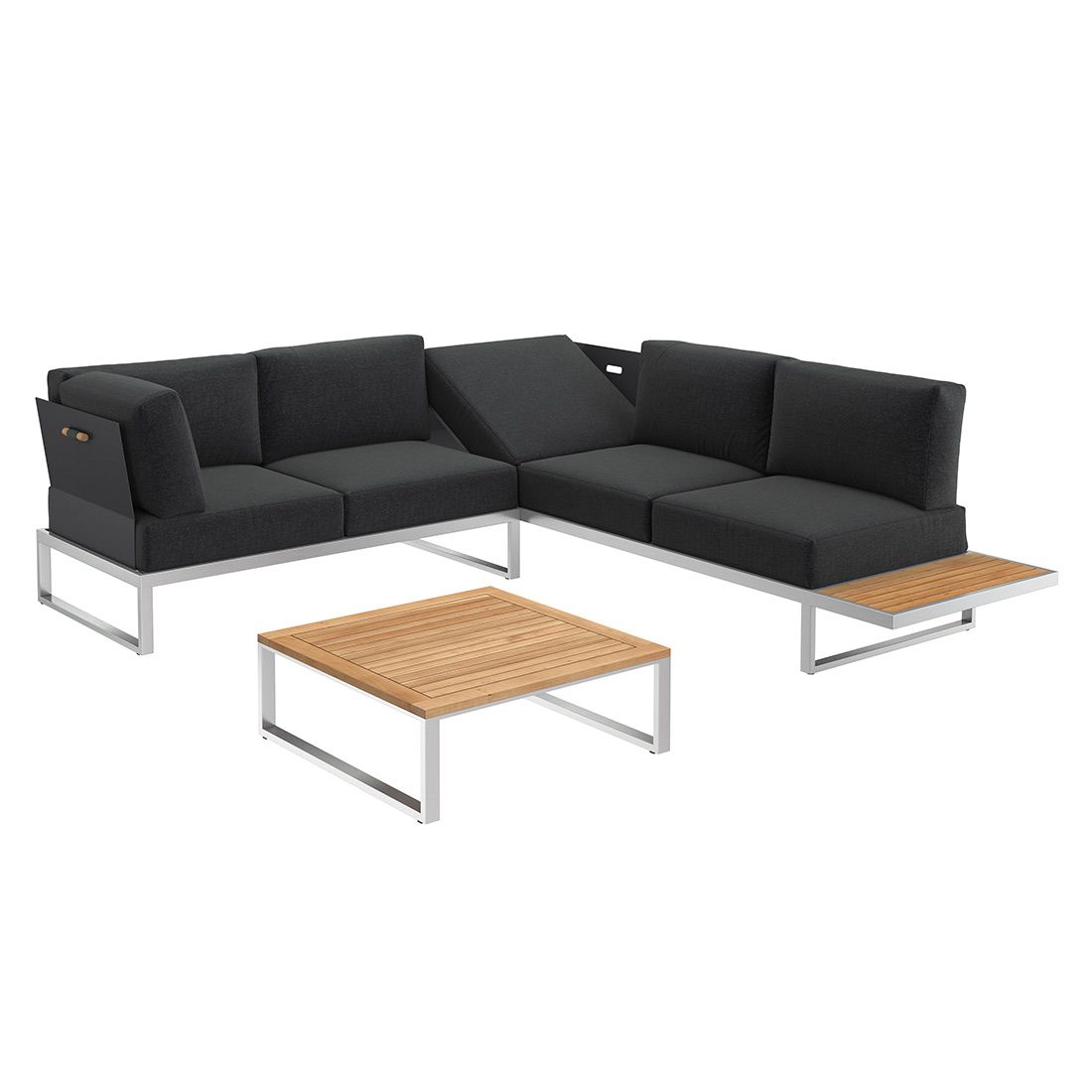 Detalj av bordplate i teak på Hjørnesofa ute Capri med loungebord rustfritt stål/teak - OUTLIV