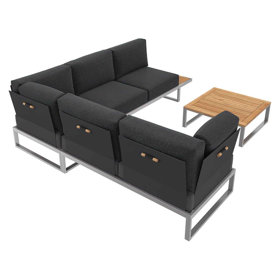 Nærbilde av tekstil og ramme på Hjørnesofa ute Capri med loungebord rustfritt stål/teak - OUTLIV