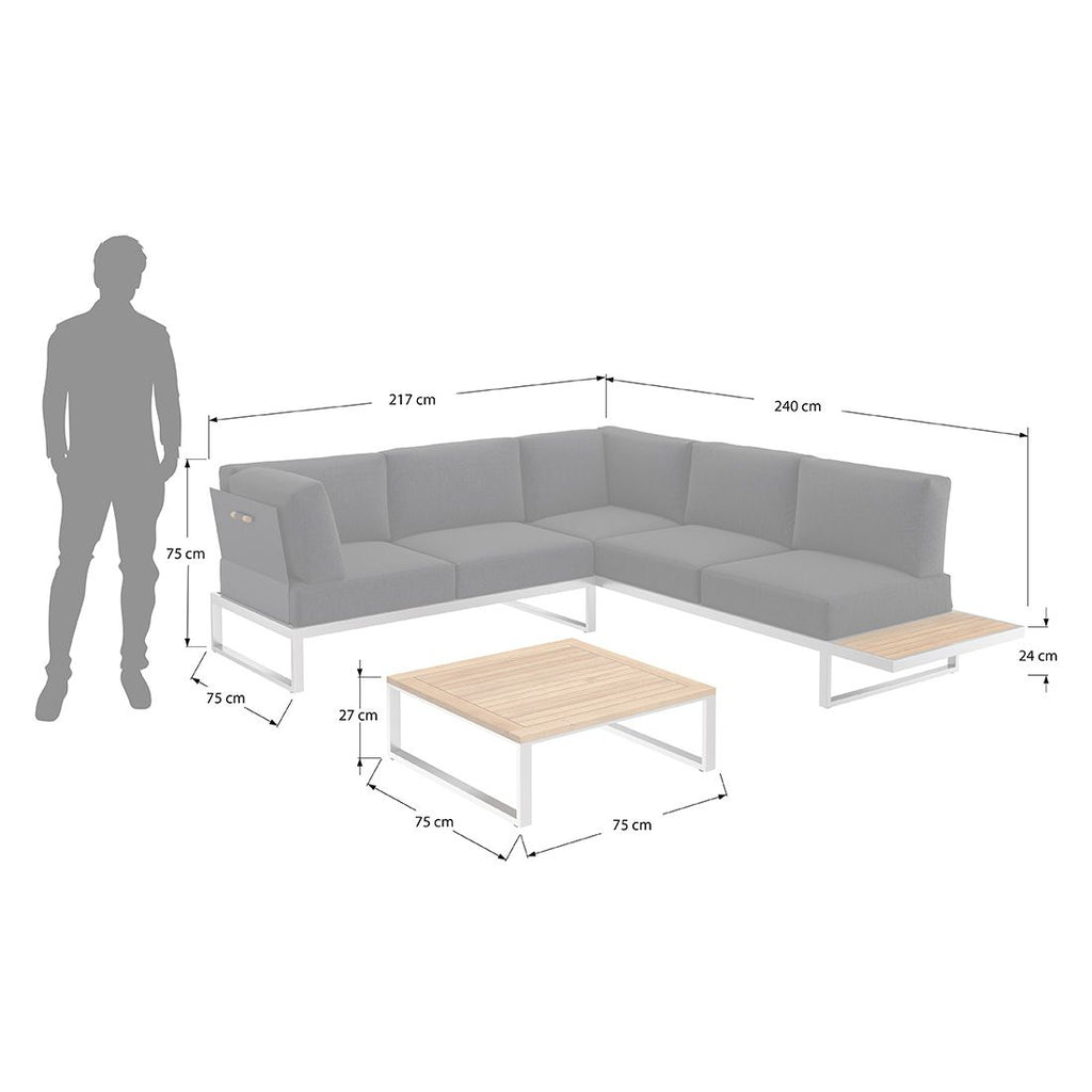 Hjørnesofa ute Capri med loungebord rustfritt stål/teak - OUTLIV.