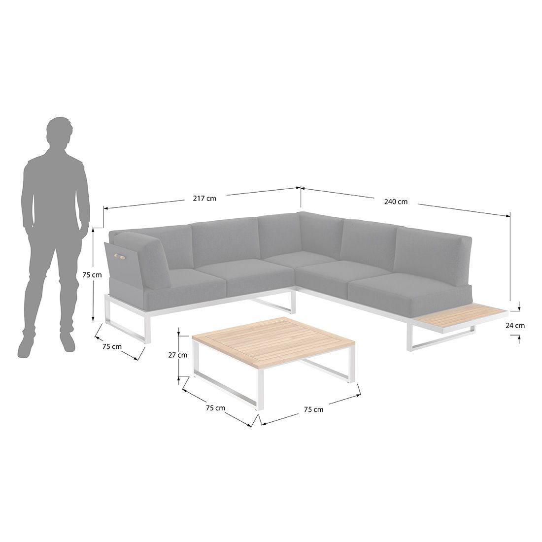Hjørnesofa ute Capri med loungebord rustfritt stål/teak - OUTLIV.
