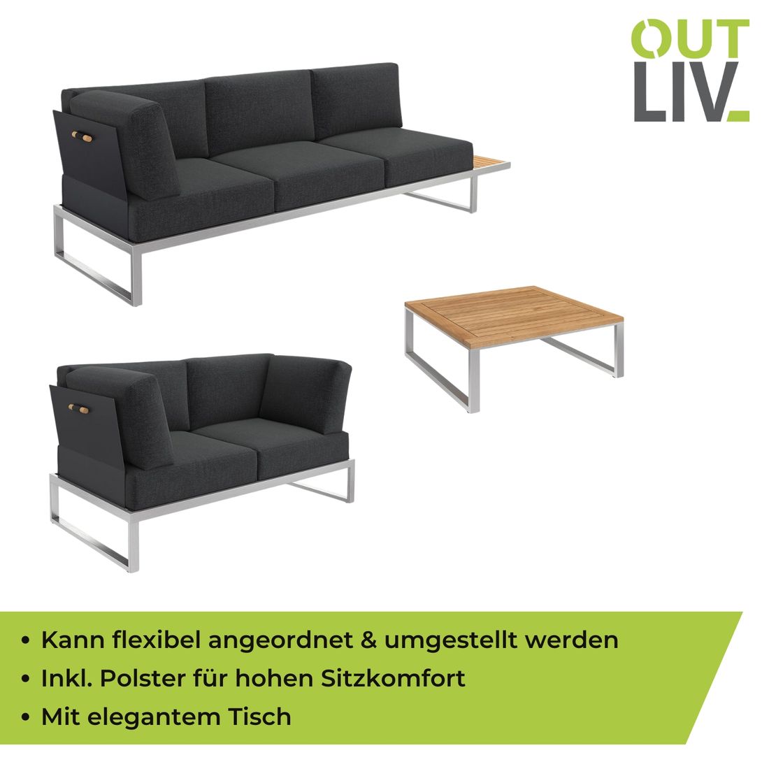 Hjørnesofa ute Capri med loungebord rustfritt stål/teak - OUTLIV.