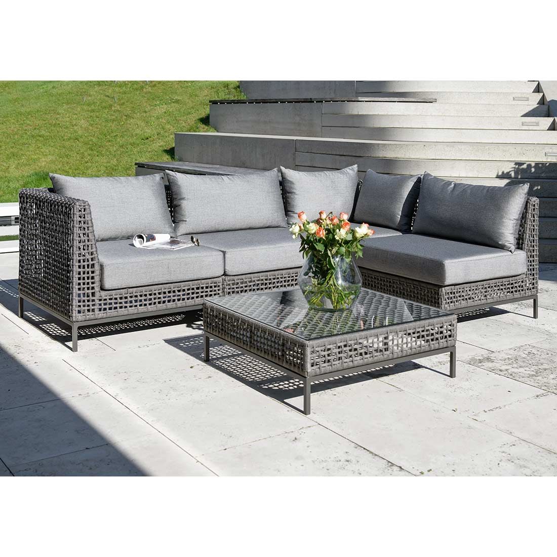 Hjørnesofa ute Corda aluminium/tau med loungebord Stern for hage og terrasse