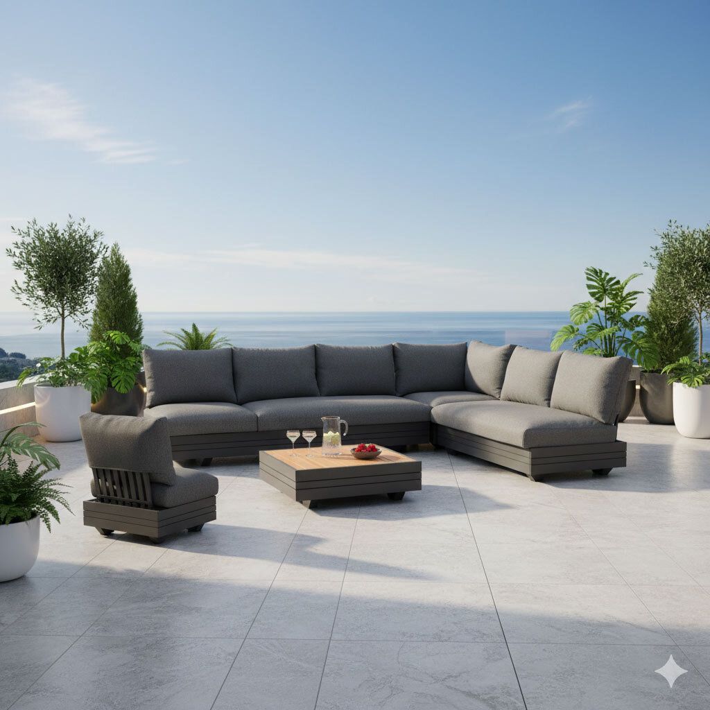 Hjørnesofa ute Cubo Neo med loungebord aluminium/teak forfra