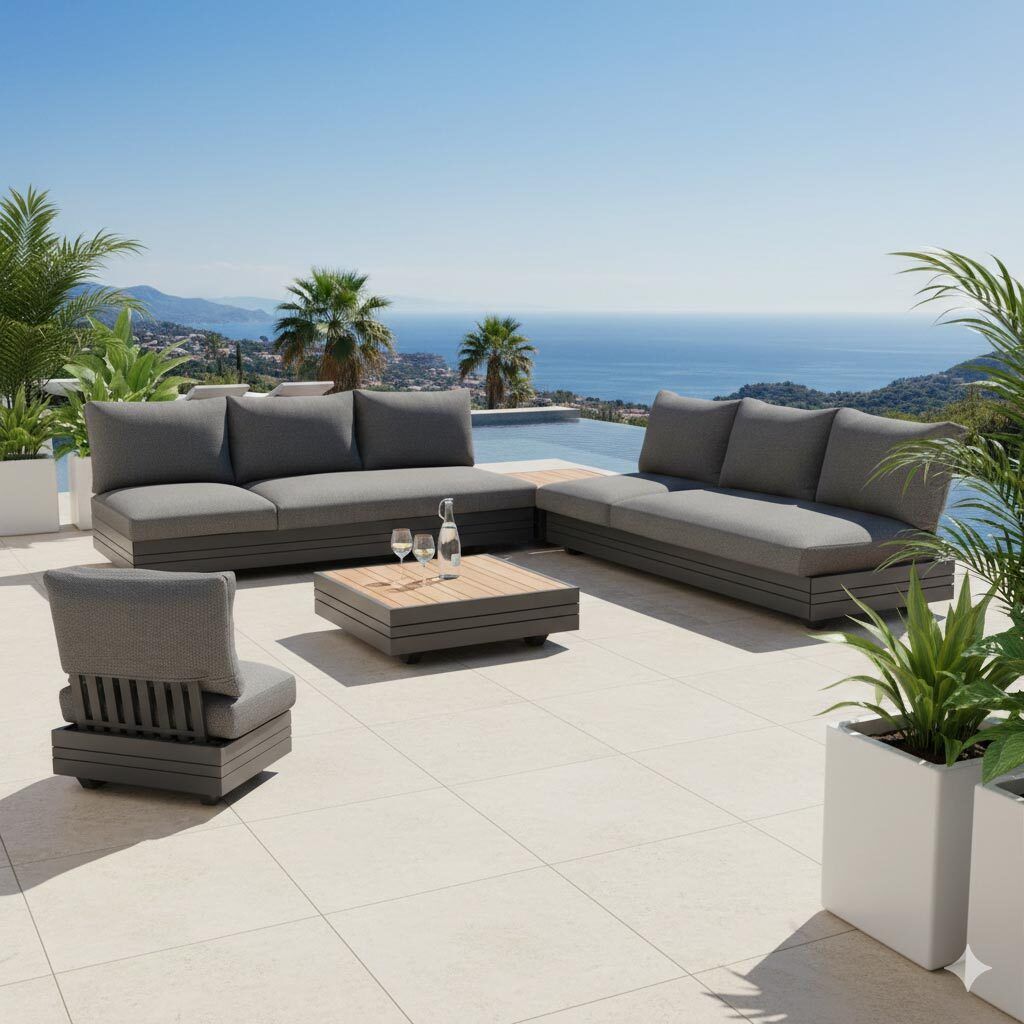 Hjørnesofa ute Cubo Neo med loungebord aluminium teak front