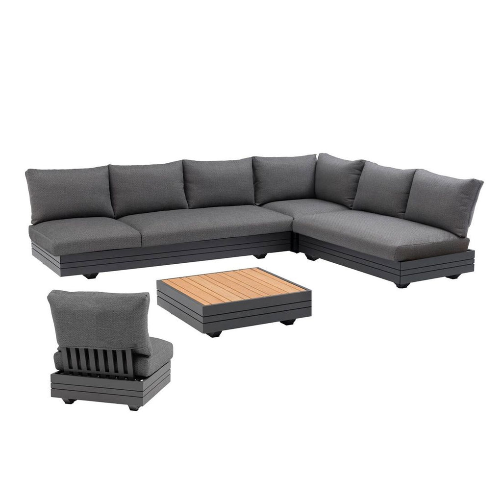 Baksiden av hjørnesofa ute Cubo Neo med aluminium og teakbord