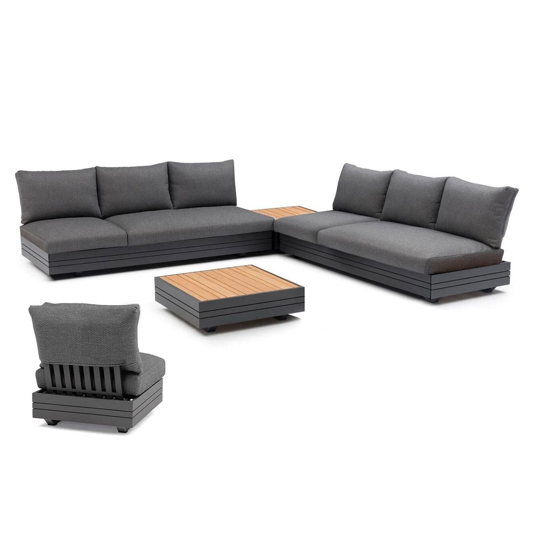 Hjørnesofa ute Cubo Neo med loungebord aluminium teak bakside