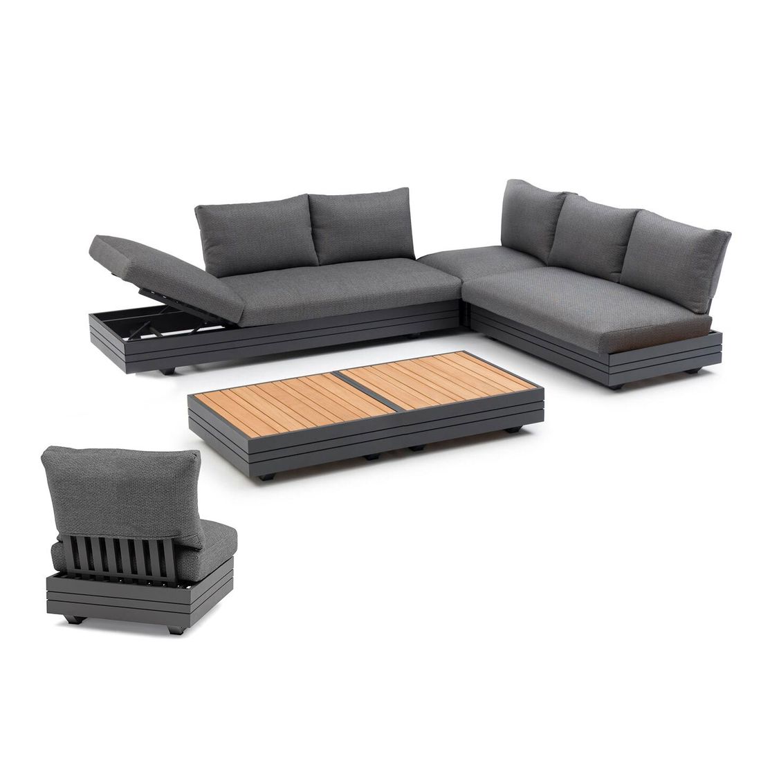 Hjørnesofa ute Cubo Neo med loungebord aluminium teak detalj av bordplate