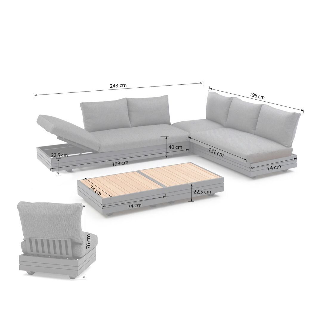 Hjørnesofa ute Cubo Neo med loungebord aluminium teak montert