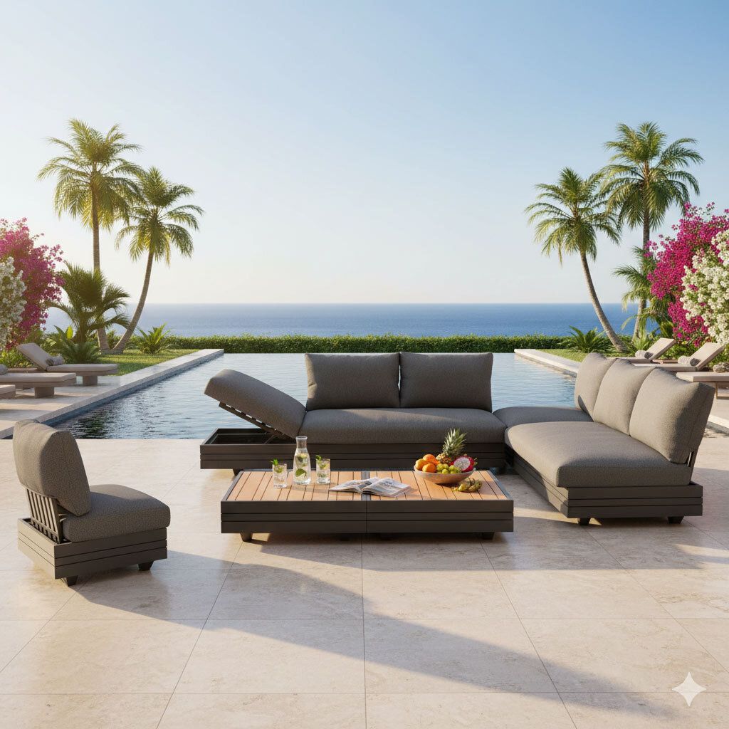 Hjørnesofa ute Cubo Neo med loungebord aluminium/teak 272x272 cm - Zebra