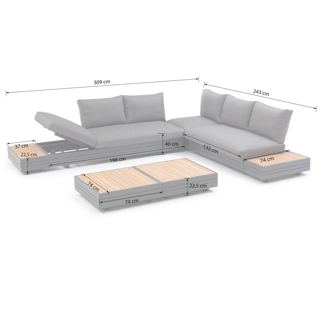 Hjørnesofa ute Cubo Neo 309x309 cm aluminium Sunproof montert på terrasse