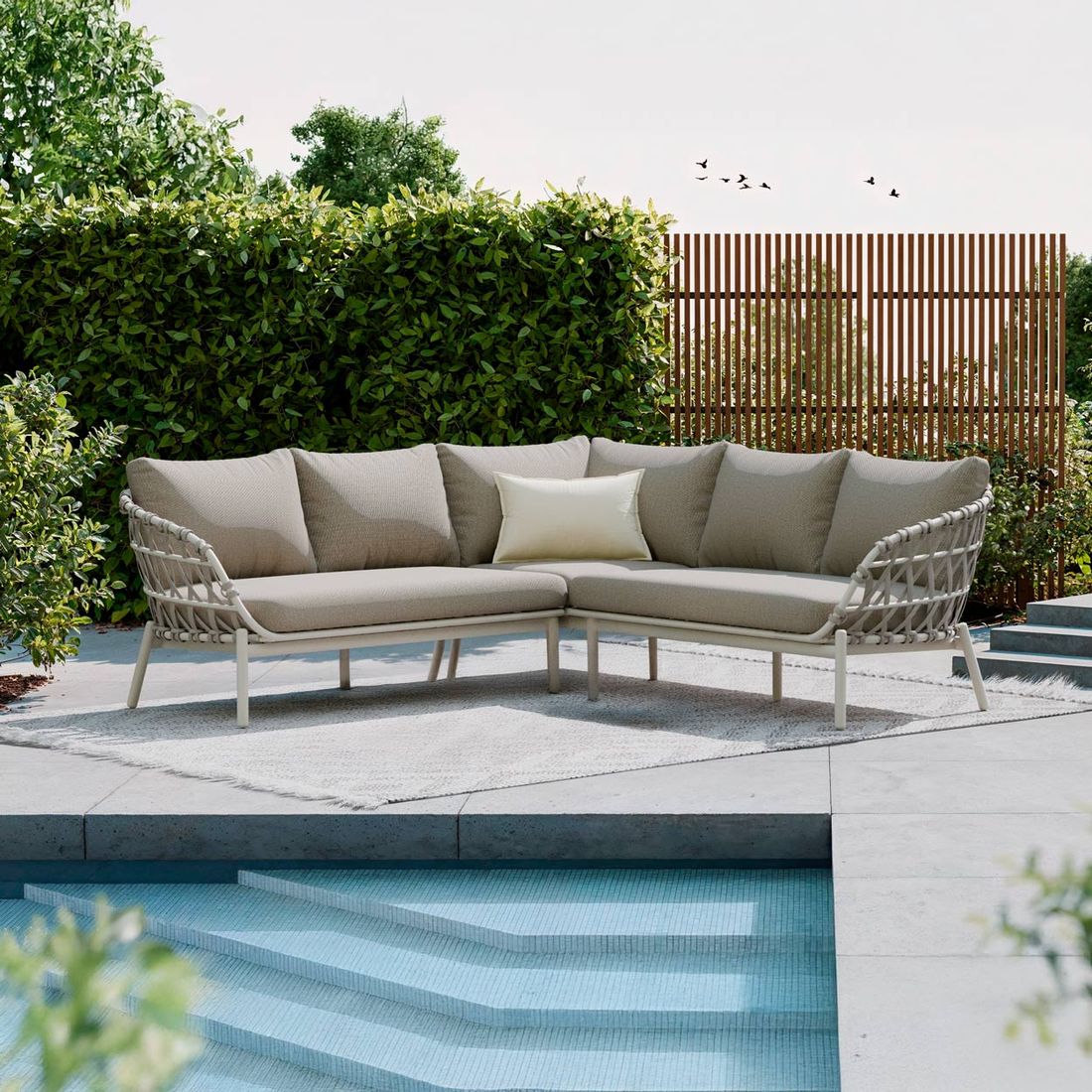 Hjørnesofa ute Dakota aluminium tau olefin forfra