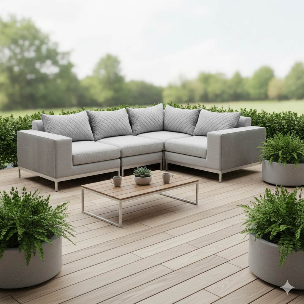 Detalj av stoff på Hjørnesofa ute Ego Modular aluminium/Sunbrella 257x188 cm