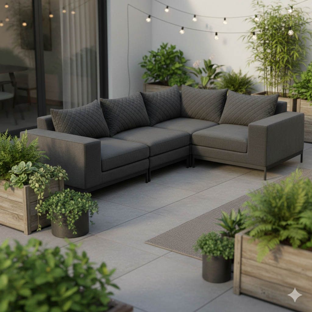 Detalj av stoff og aluminium ramme på Hjørnesofa ute Ego Modular aluminium/Sunbrella antrasitt - Kettler
