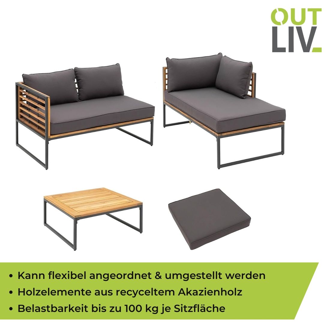 Hjørnesofa ute Floris stål/akasie med loungebord - OUTLIV.