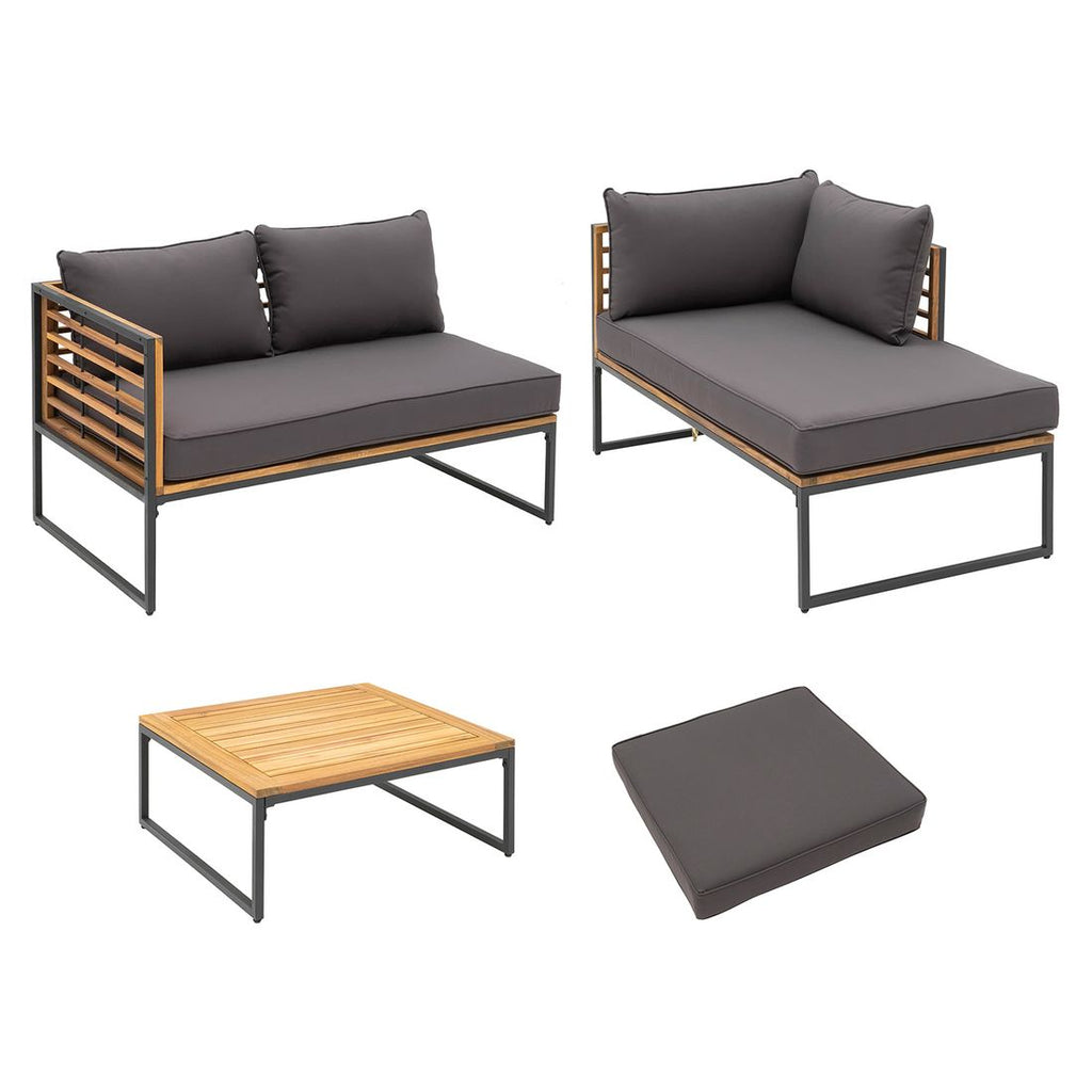 Montert Hjørnesofa ute Floris stål/akasie med loungebord på terrasse