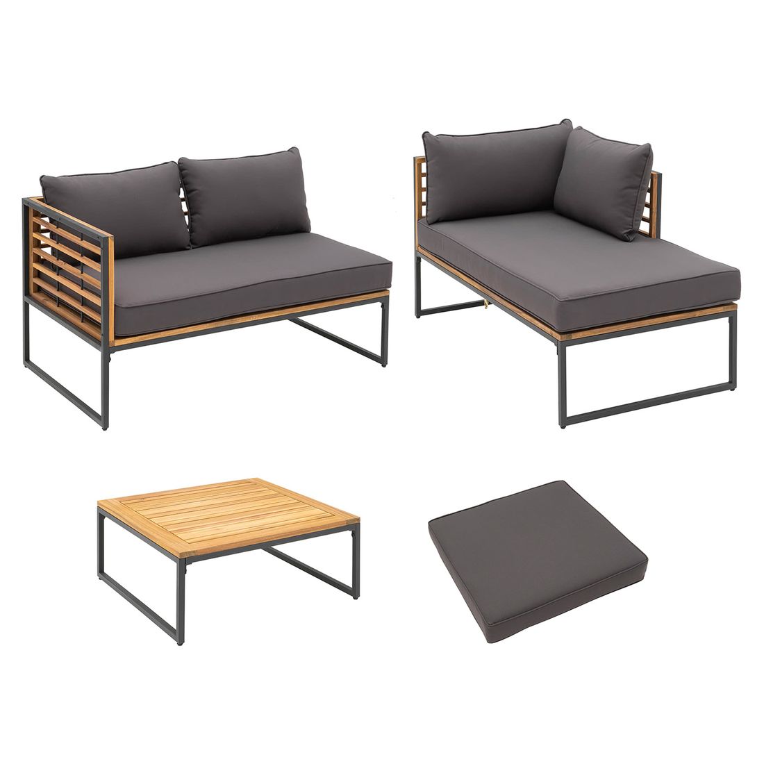 Montert Hjørnesofa ute Floris stål/akasie med loungebord på terrasse