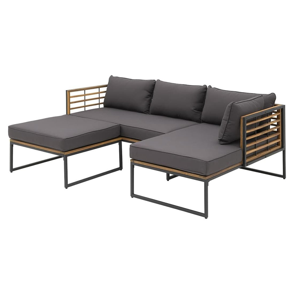 Nærbilde av tekstilpute på Hjørnesofa ute Floris stål/akasie med loungebord