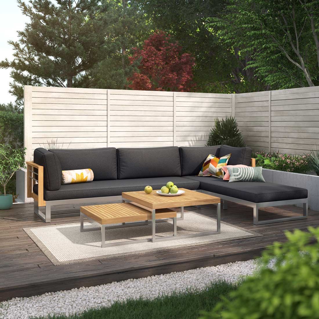 Hjørnesofa ute Hawaii med loungebord rustfritt stål/teak - OUTLIV forfra