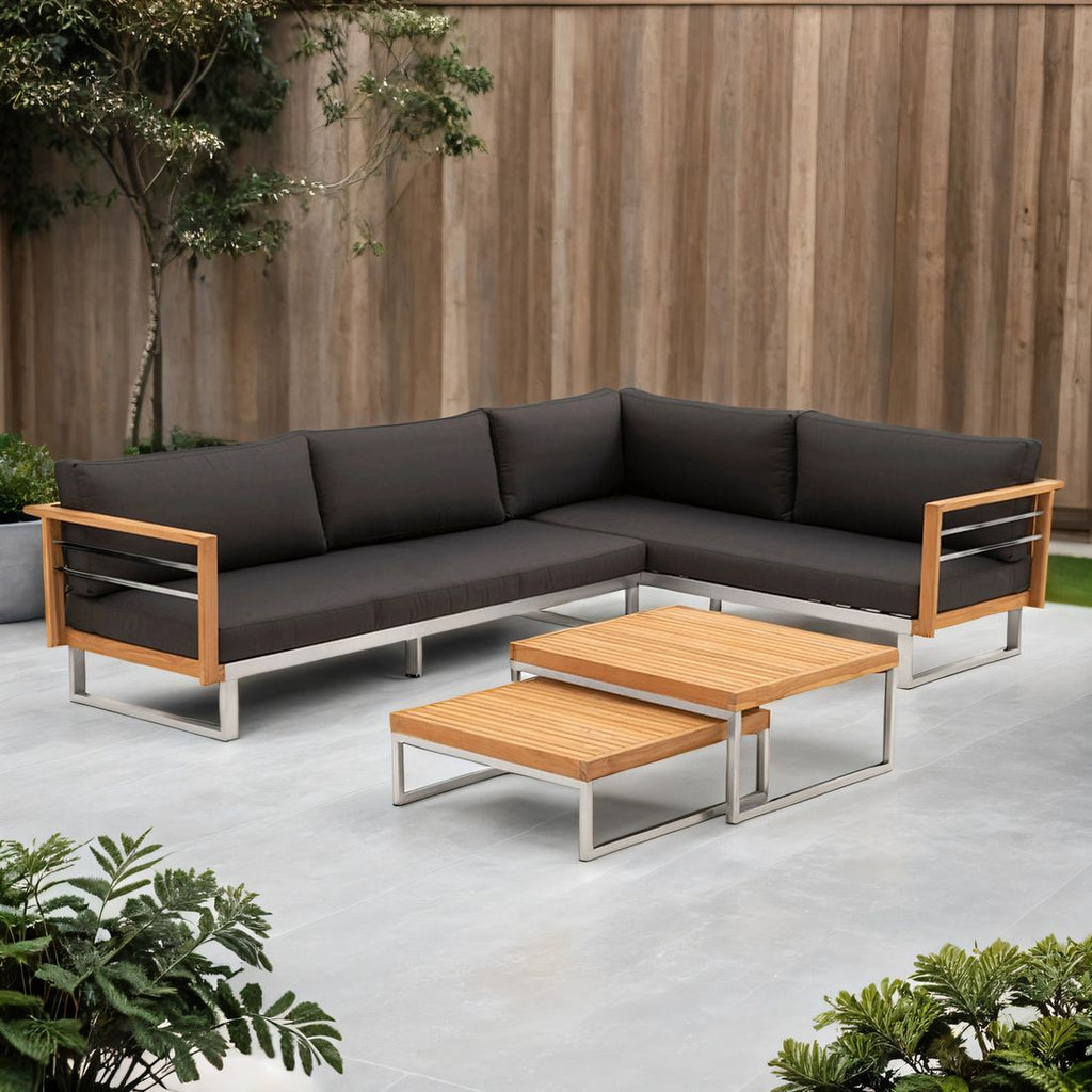 Hjørnesofa ute Hawaii med loungebord rustfritt stål forfra