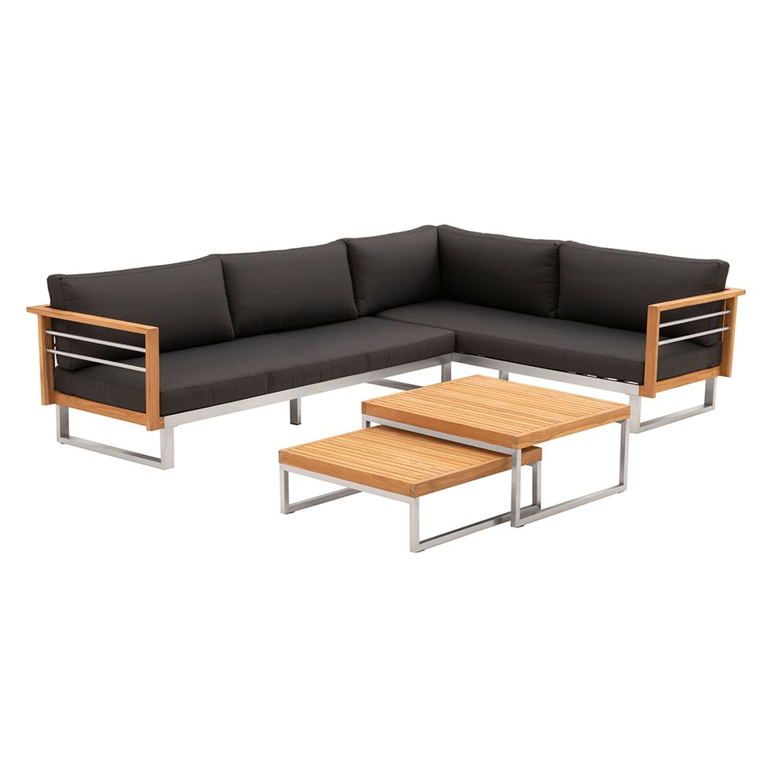 Hjørnesofa ute Hawaii med loungebord rustfritt stål bakside