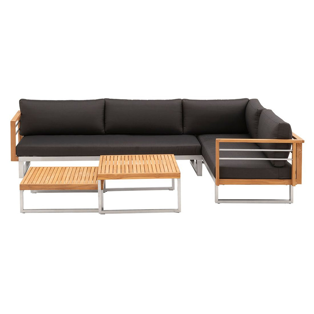 Hjørnesofa ute Hawaii med loungebord rustfritt stål detalj av stoff og ramme