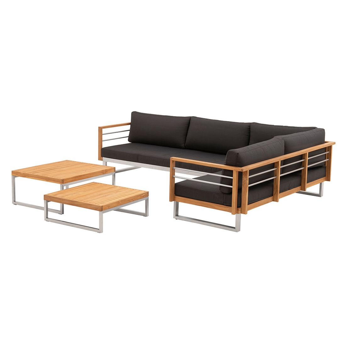 Hjørnesofa ute Hawaii med loungebord rustfritt stål nærbilde av bordplate i teak