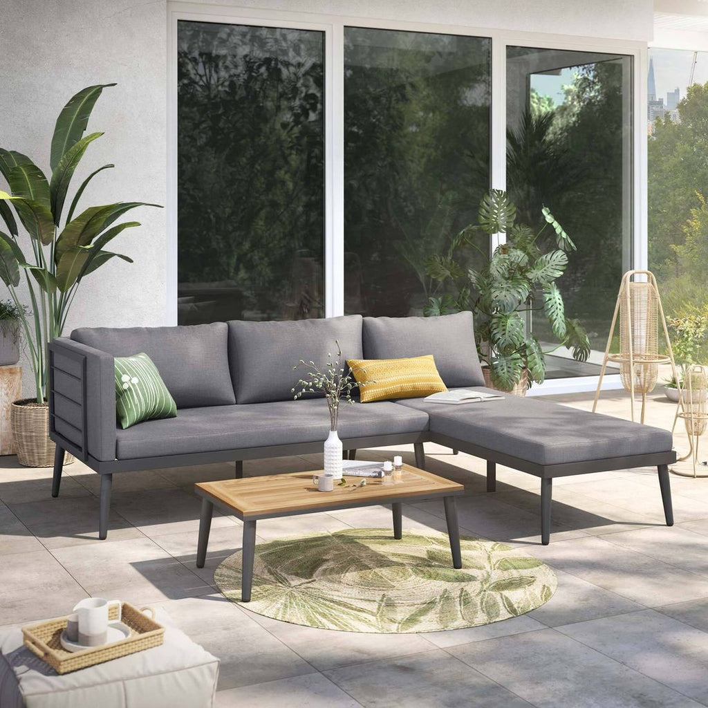 Hjørnesofa ute India med loungebord stål/polypropylen forfra