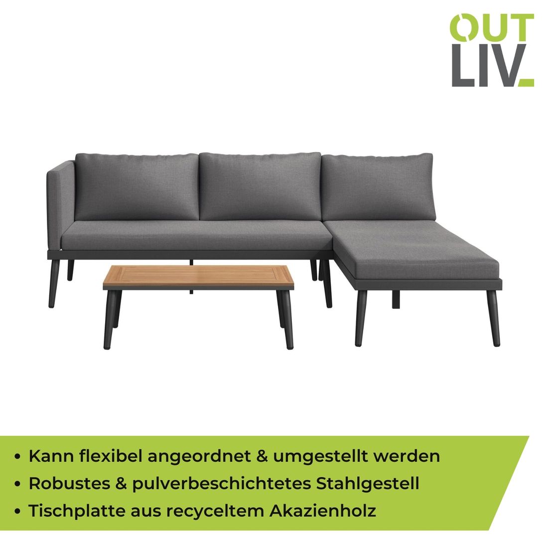 Hjørnesofa ute India med loungebord stål/polypropylen - OUTLIV.