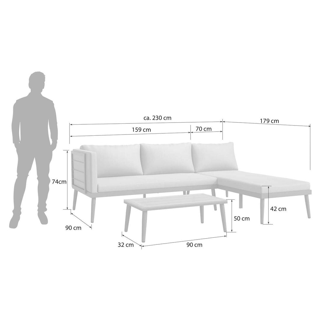 Detalj av stoff på Hjørnesofa ute India med loungebord stål/polypropylen