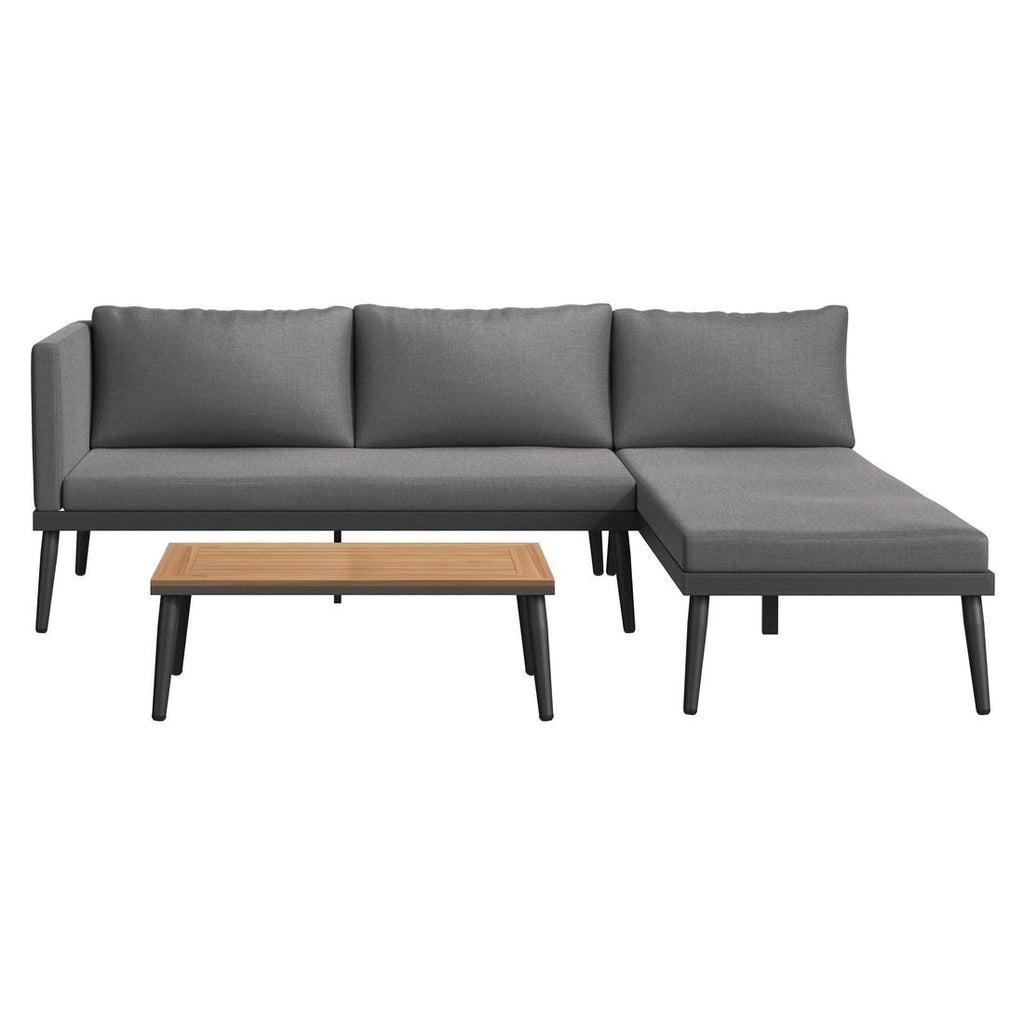 Nærbilde av bordplate i akasietre på Hjørnesofa ute India med loungebord stål/polypropylen