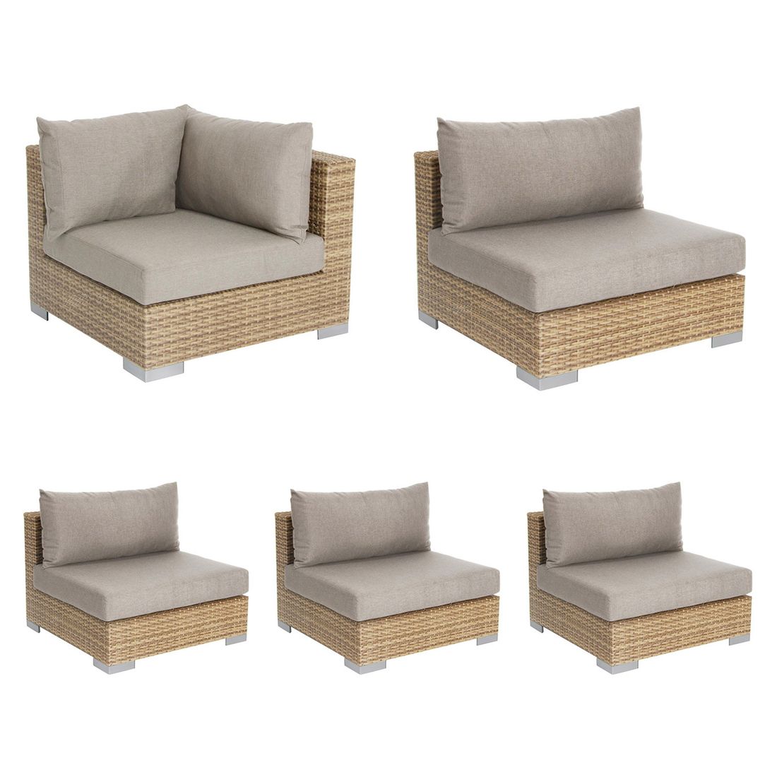 Nærbilde av pute i taupe på Hjørnesofa ute Jubi 261x261 cm polyrotting flettverk